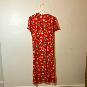 Uniqlo red floral midi dress button up summery M size